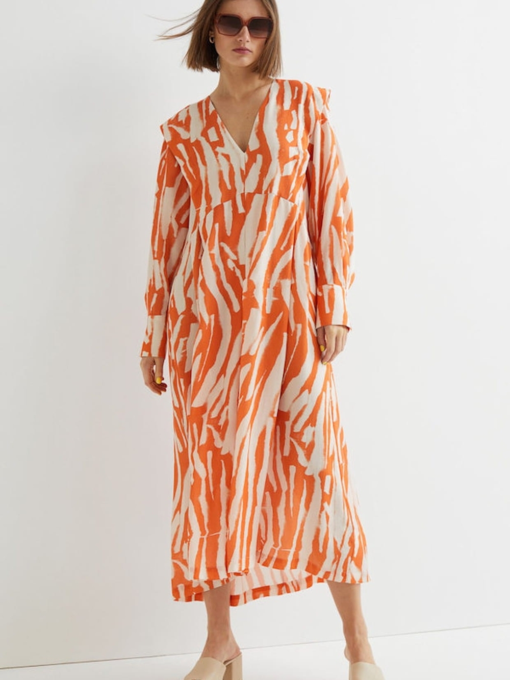 H&M Orange & White Patterned V Neck Midi Dress 